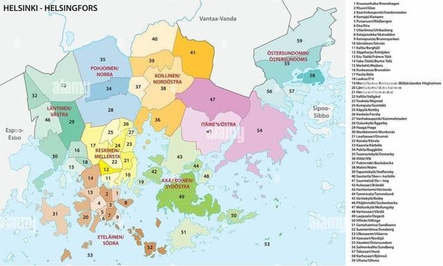 Mapa dos bairros de Helsinque