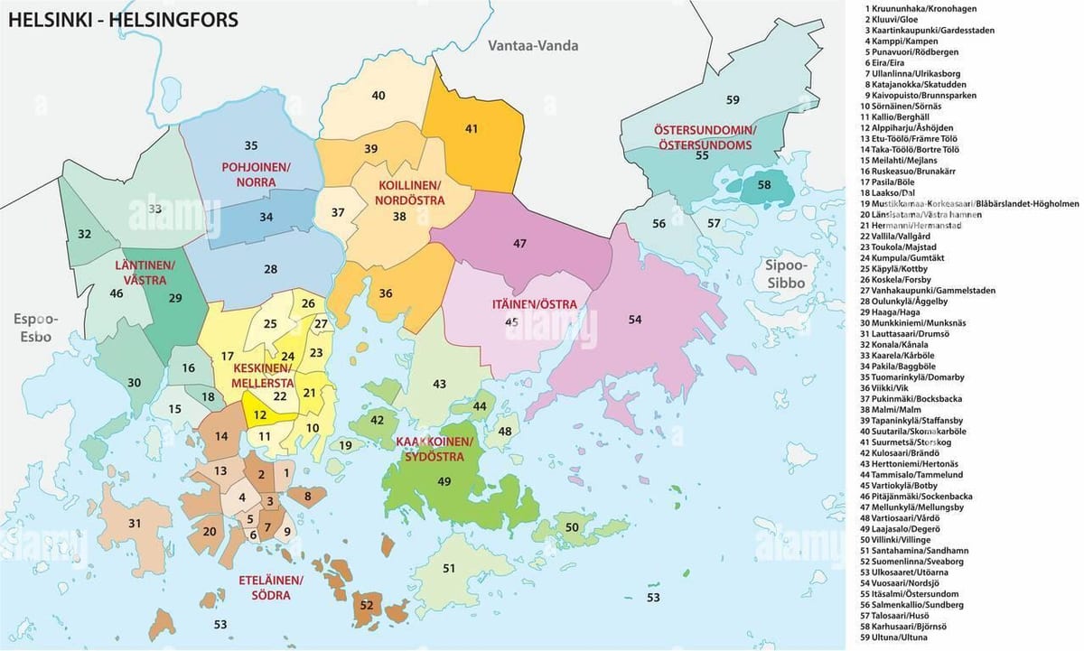 Mapa dos bairros de Helsinque