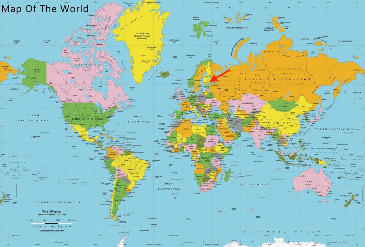 Localização de Helsinque no mapa do mundo